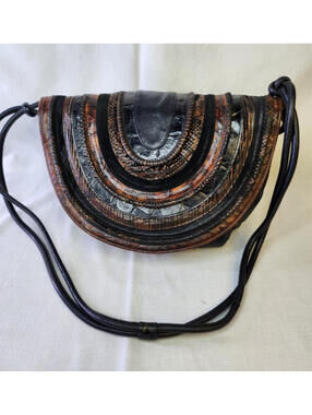 Braccialini Embossed Crescent Shoulder Bag Black Brown Gold Hardware